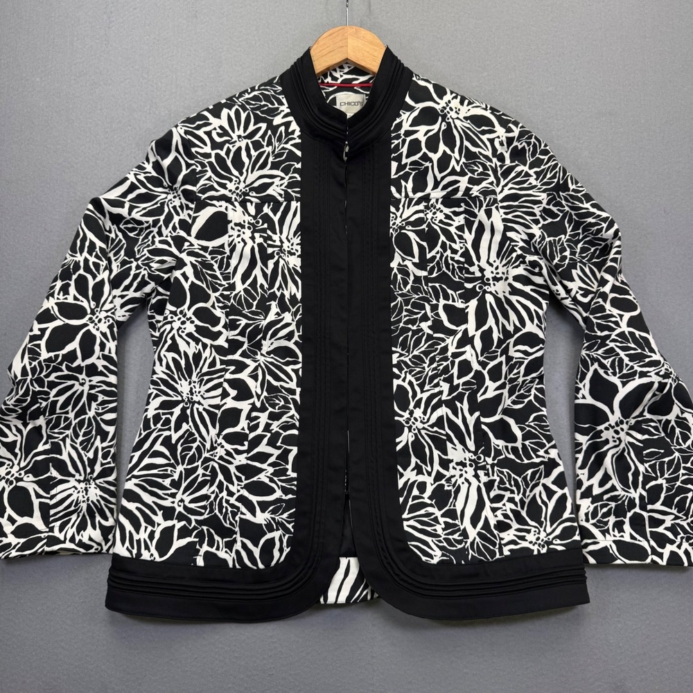 Chicos Womens Black White Floral Open Front Blazer Jacket Size 3 XL Cotton Blend